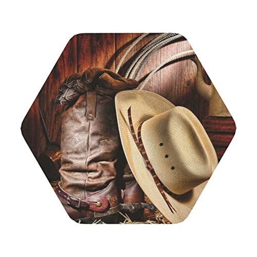 Cowboy Black Hat Western Boots Print Lederuntersetzer 6er-Set, Kaffee-Tee-Untersetzer, Vier Formen zur Auswahl Cowboy Black Hat Western Boots Print Lederuntersetzer 6er-Set, Kaffee-Tee-Untersetzer, Vier Formen zur Auswahl von GQWJKSZ