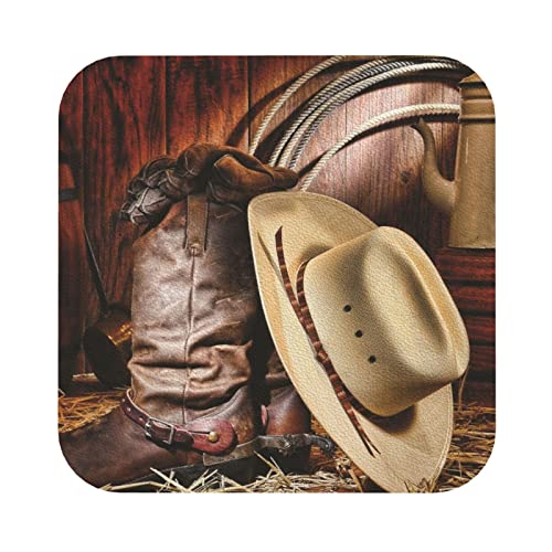 Lederuntersetzer mit Cowboy-Schwarzhut-Westernstiefel-Aufdruck, 4er-Set, Kaffee-Tee-Untersetzer, Vier Formen zur Auswahl von GQWJKSZ