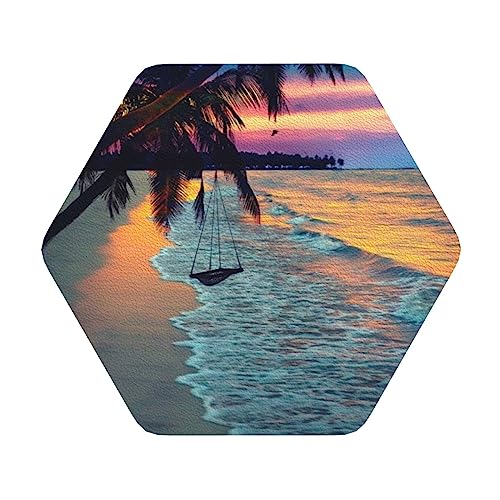 Lederuntersetzer mit Kokosnuss-Strand-Sonnenuntergang-Hängematten-Druck, 4er-Set, Kaffee-Tee-Untersetzer, Vier Formen zur Auswahl Lederuntersetzer mit Kokosnuss-Strand-Sonnenuntergang-Hängematten-Druck, 4er-Set, Kaffee-Tee-Untersetzer, Vier Formen zur Auswahl von GQWJKSZ