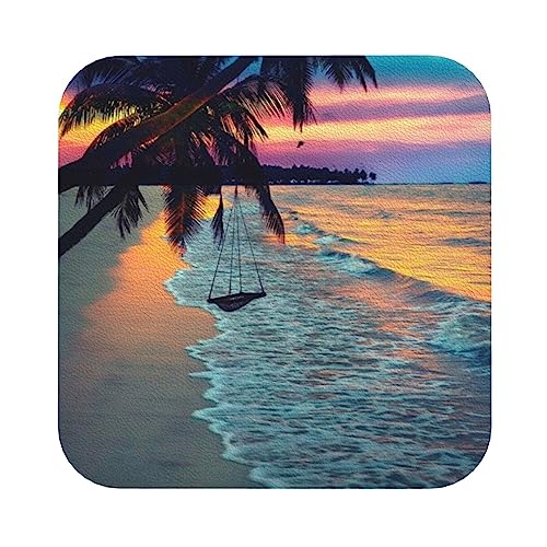 Lederuntersetzer mit Kokosnuss-Strand-Sonnenuntergang-Hängematten-Druck, 4er-Set, Kaffee-Tee-Untersetzer, Vier Formen zur Auswahl von GQWJKSZ