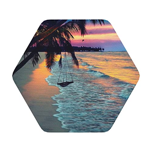 Lederuntersetzer mit Kokosnuss-Strand-Sonnenuntergang-Hängematten-Druck, 6er-Set, Kaffee-Tee-Untersetzer, Vier Formen zur Auswahl Lederuntersetzer mit Kokosnuss-Strand-Sonnenuntergang-Hängematten-Druck, 6er-Set, Kaffee-Tee-Untersetzer, Vier Formen zur Auswahl von GQWJKSZ