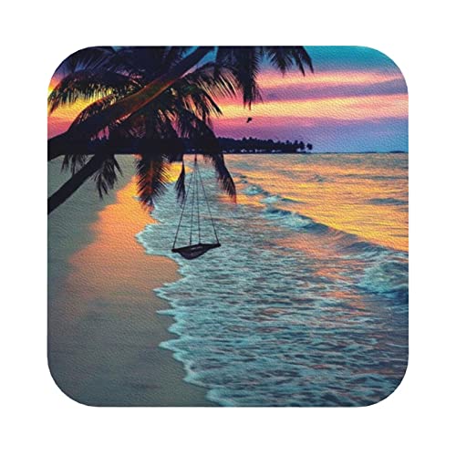 Lederuntersetzer mit Kokosnuss-Strand-Sonnenuntergang-Hängematten-Druck, 6er-Set, Kaffee-Tee-Untersetzer, Vier Formen zur Auswahl von GQWJKSZ