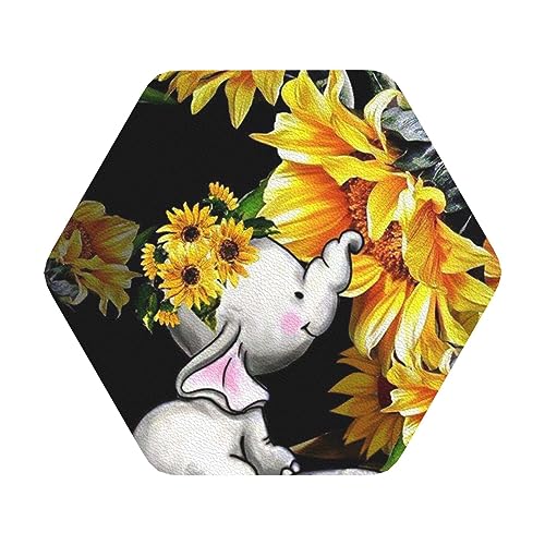 Lederuntersetzer mit Mutter- und Baby-Elefant-Sonnenblumen-Aufdruck, 6er-Set, Kaffee-Tee-Untersetzer, Vier Formen zur Auswahl von GQWJKSZ