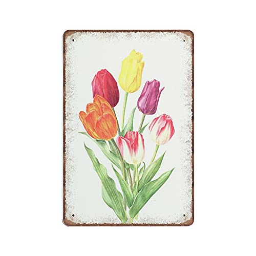 Orangefarbene Tulpen-Botanik-Blechschilder, Vintage 1964, Tulpen, botanische Kunst, rosa Frühlingsblumen-Dekoration, lustiges Vintage-Metallschild, Poster, Wandkunst, Küche, Garten, Badezimmer, Heimde von GQWJKSZ