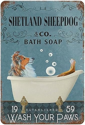Retro-Schild „Shetland Sheepdog Co.Bath Wash Your Paws“, Vintage-Blechschild, Hundeliebhaber-Geschenk, Badezimmer-Dekorplatte, Metall-Blechschild, Geburtstag, Jahrestag, Einweihungsgeschenk für Frauen von GQWJKSZ