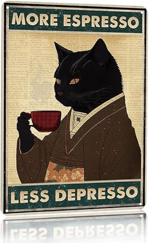Vintage schwarze Katze Kaffee Poster mehr Espresso weniger Depresso Wandschild Neuheit Metall Blechschild Home Vintage Kunst Dekor Eisen Malerei 6 x 8 Zoll von GQWJKSZ