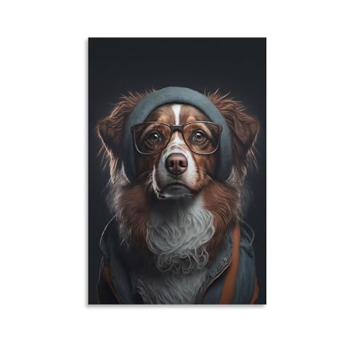 GQmoney Kunstdruck auf Leinwand, lustiger Hipster-Hund in Kleidung, spielendes Bild, Druck, dekoratives Wandbild für das Badezimmer, fertig zum Aufhängen, 30 x 45 cm von GQmoney