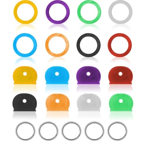 32 Stück Schlüsselkappen, Bunter Schlüsselabdeckungen Runde PVC Schlüsselkappen Schlüsselkennzeichnung Set mit 32 Schlüsselringen aus Eisen (Halbkreisförmig + Kreisförmig, 8 Farben) von GQunit