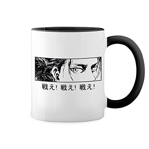 Attack On Titan Season 4 Eren Tatakae Weiße Tasse Mug mit schwarzen Felgen & Griff von GR8Shop