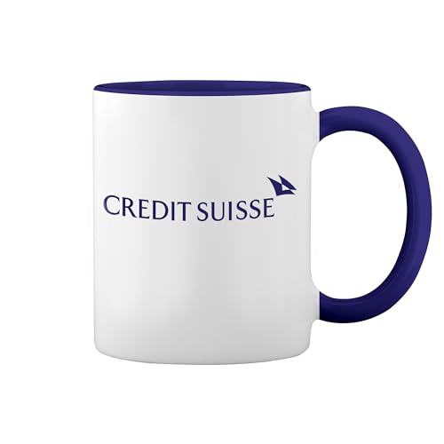 Credit Suisse Bank Fun New Trend Fun Lustig Weiße Tasse Mug mit blauem Felgen und Griff von GR8Shop