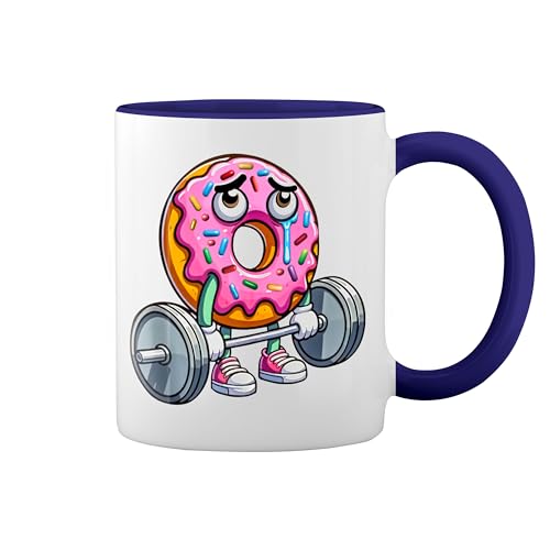 Doughnuts Donuts Lifting Weight Gym Workout Fun Lustige Trend Weiße Tasse Mug mit blauem Felgen und Griff von GR8Shop