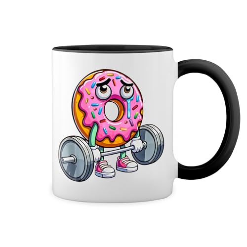 Doughnuts Donuts Lifting Weight Gym Workout Fun Lustige Trend Weiße Tasse Mug mit schwarzen Felgen & Griff von GR8Shop
