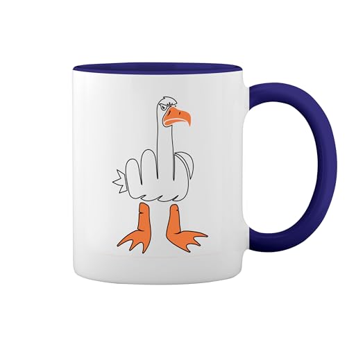 Duck Fuck. Middle Finger Weiße Tasse Mug mit blauem Felgen und Griff von GR8Shop