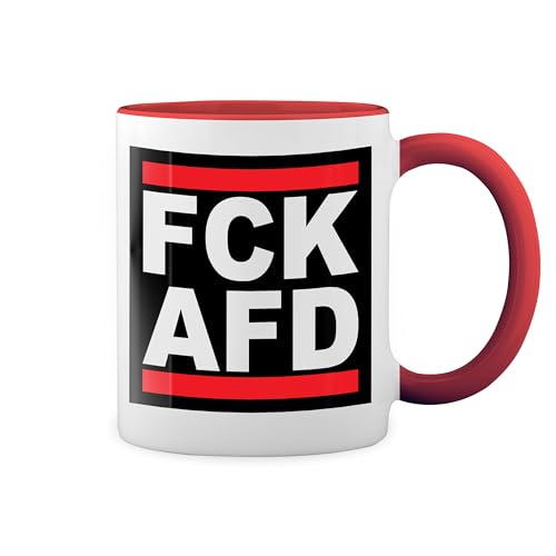 Fck Afd Bausa Fun Lustige Trend Weiße Tasse Mug mit roten Felgen und Griff von GR8Shop