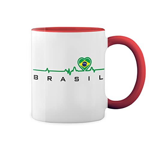 Football Heartbeat Brasil World cup 2022 Weiße Tasse Mug mit roten Felgen und Griff von GR8Shop