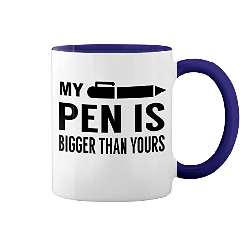 Fun My Penis Is Bigger Than Your Weiße Tasse Mug mit blauem Felgen und Griff von GR8Shop