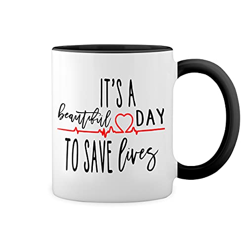Greys Anatomy Its Beautiful Day To Save Lives Red Heartbeat Weiße Tasse Mug mit schwarzen Felgen & Griff von GR8Shop