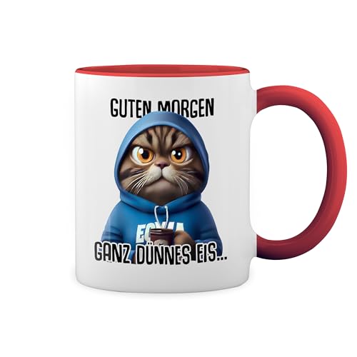 Guten Morgen Ganz dunnes Eis Kaffee Spruch Lustig Geschenk new New Trend Fun Lustig Weiße Tasse Mug mit roten Felgen und Griff von GR8Shop