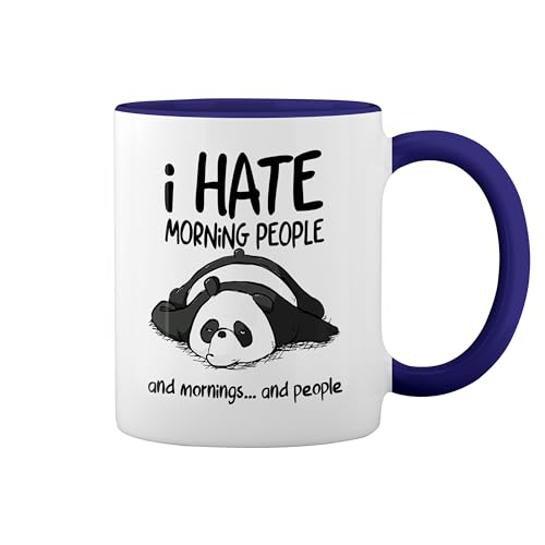 I hate morning people and peoples fun panda New Trend Fun Lustig Weiße Tasse Mug mit blauem Felgen und Griff von GR8Shop