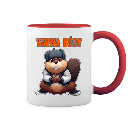 Kurwa Bobr Bober Beaver Fun Lustige Trend Weiße Tasse Mug mit roten Felgen und Griff von GR8Shop