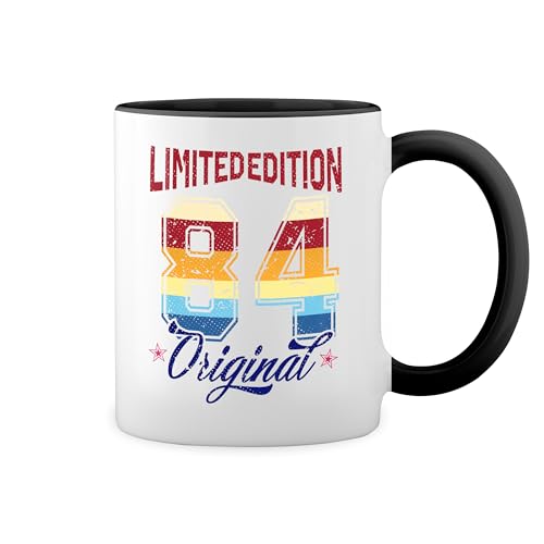 Limited Edition New 1984 40 Years Aniversary Fun Lustige Trend Weiße Tasse Mug mit schwarzen Felgen & Griff von GR8Shop