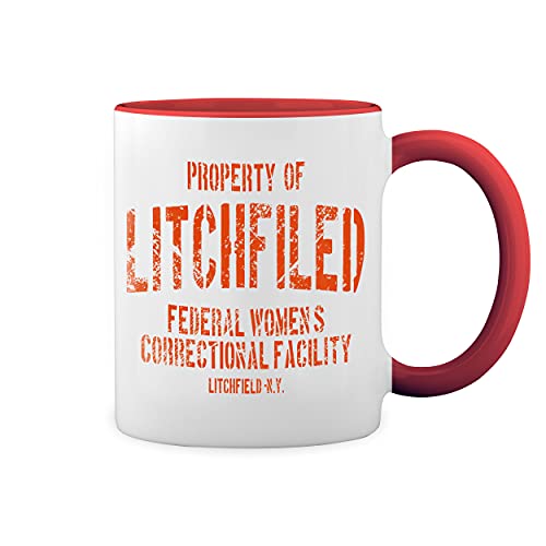 Litchfield Prison Inspired Orange Is The New Black Weiße Tasse Mug mit roten Felgen und Griff von GR8Shop