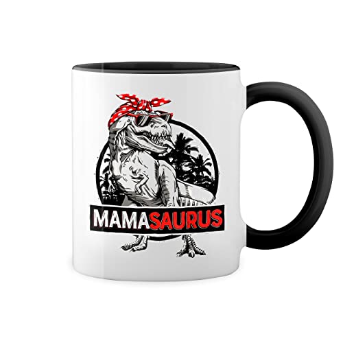 Mother Day Mamasaurus Present Giftbbb Weiße Tasse Mug mit schwarzen Felgen & Griff von GR8Shop