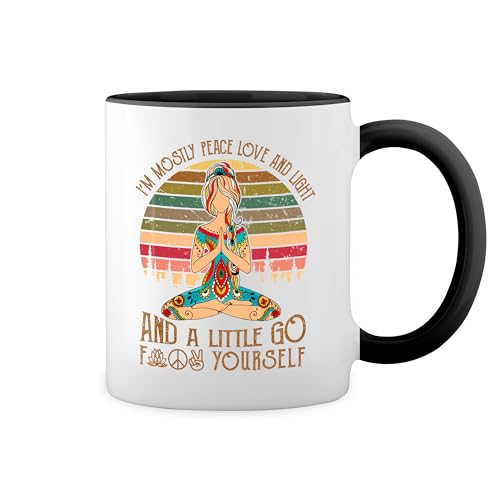 Namaste Yoga I'M Mostly Peace Love And Light Little Go Fuck Weiße Tasse Mug mit schwarzen Felgen & Griff von GR8Shop