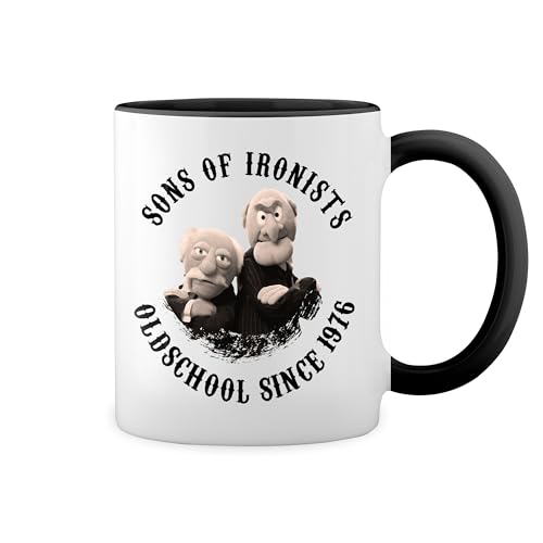 Oldtimers Star Puppets Statler And Waldorf Classic Lovers New Trend Fun Lustig Weiße Tasse Mug mit schwarzen Felgen & Griff von GR8Shop