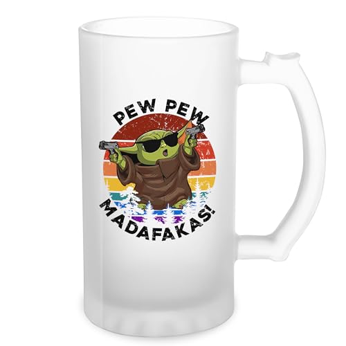 Pew Pew Madafakas Yoda With Gun Retro Transparent Bierkrug Stein 0.5L von GR8Shop