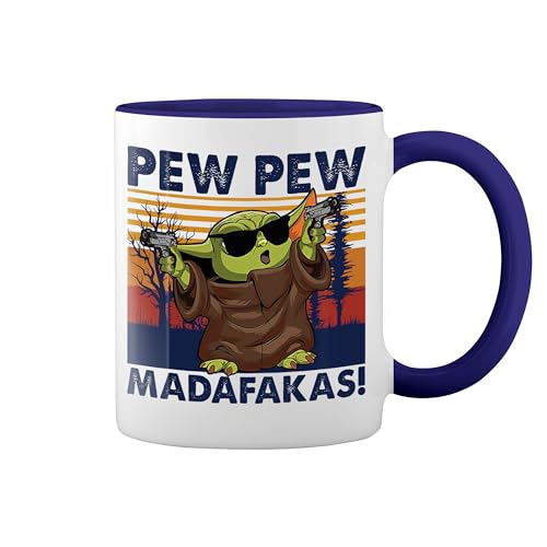 Pew Pew Madafakas Yoda with Gun Vintage Weiße Tasse Mug mit blauem Felgen und Griff von GR8Shop