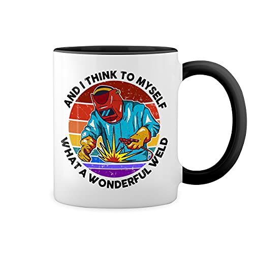 Retro And I think to myself what a wonderful weld Hot rods worldwide Weiße Tasse Mug mit schwarzen Felgen & Griff von GR8Shop