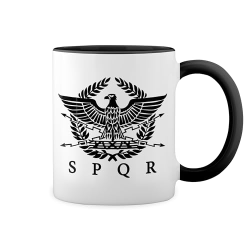 SPQR Roman Gladiator Imperial Golden Eagle Army New Trend Fun Lustig Weiße Tasse Mug mit schwarzen Felgen & Griff von GR8Shop