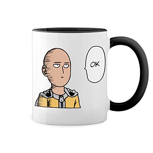 Saitama Ok Inspired One Punch One Manga Anime Color Trending Weiße Tasse Mug mit schwarzen Felgen & Griff von GR8Shop
