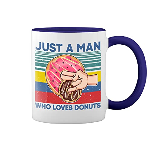 Vintage Just A Man Who Loves Donuts Weiße Tasse Mug mit blauem Felgen und Griff von GR8Shop