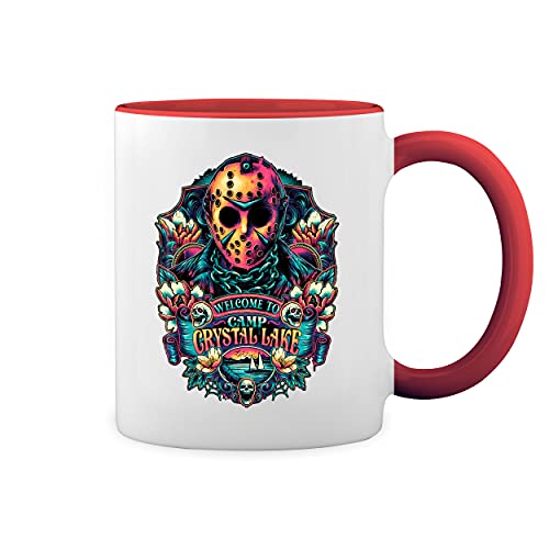 Vintage Welcome to Camp Crystal Lake Jason Voorhees Friday the 13th Weiße Tasse Mug mit roten Felgen und Griff von GR8Shop