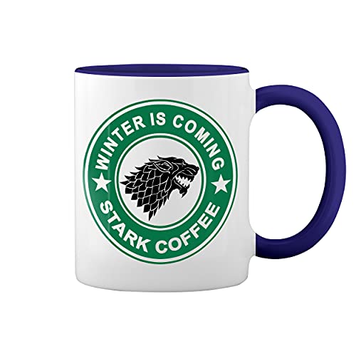 Winter is Coming Stark Weiße Tasse Mug mit blauem Felgen und Griff von GR8Shop