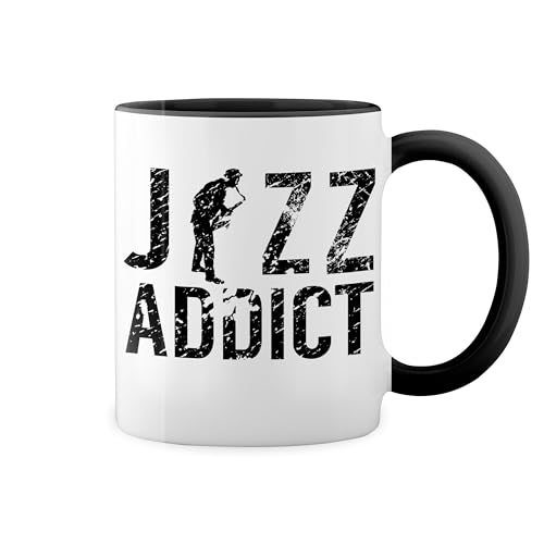 Jazz Addict Saxophone Weiße Tasse Mug mit schwarzen Felgen & Griff von GR8Shop