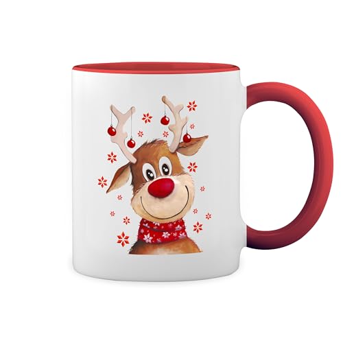 rudolph santa claus reindeer deer christmas Vintage New Trend Fun Lustig Weiße Tasse Mug mit roten Felgen und Griff von GR8Shop