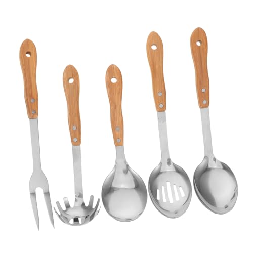 GRADENEVE 5 Stück Teiliges Küchenutensilien aus Edelstahl mit Bambusgriff Hitzebeständig Schöpflöffel Schlitzlöffel und Serviergabel Langlebig Vielseitig für Kochen und Camping von GRADENEVE
