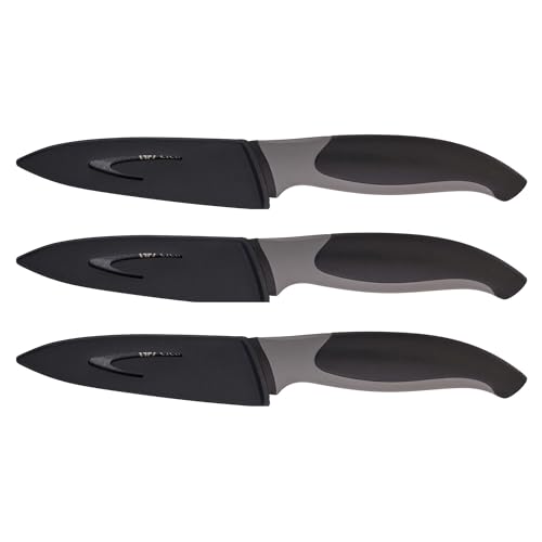 GRÄWE 3er Set Küchenmesser mit Klingenschutz, antibakteriell, Schwarz, Allzweckmesser, Rutschfester Griff, Antihaft-Beschichtung, mit Schutzhülle, Stoffetui, 19,5 cm Gesamtlänge, Spülmaschinengeeignet von GRÄWE