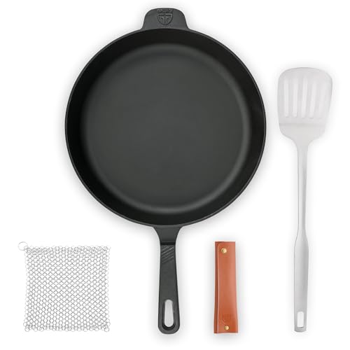 GRÄWE CI 350 Gusseisenpfanne Ø 32 cm, Bratpfanne aus Gusseisen, Pfannen-Set mit Pfannenwender, Griffschutz (Echtleder), Ringreiniger, Pfanne für Induktion und Grill von GRÄWE