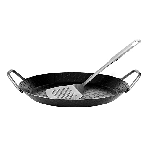 GRÄWE Schmiedeeiserne Servierpfanne F 400, Ø 32 cm, Eisenpfanne mit Griffen, mit Wender, 400° C hitzebeständig, Pfanne aus Eisen, kratzfeste Bratpfanne, unbeschichtet, induktionsgeeignet von GRÄWE