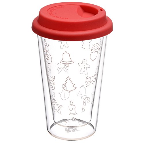 GRÄWE Glas-Becher, 0,3 Liter - doppelwandiger Coffee to Go/Glühwein-Isolierbecher mit rotem Silikon-Trinkdeckel und Weihnachtsmotiven von GRÄWE