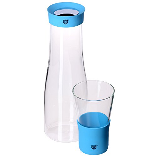 GRÄWE Glaskaraffe 1 Liter mit Trinkglas 0,3 Liter - Ausgießer aus Silikon, blau, Verschluss aus Edelstahl von GRÄWE