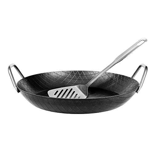 GRÄWE Schmiedeeiserne Servierpfanne F 400, Ø 32 cm, hoher Rand, Eisenpfanne mit Griffen, mit Wender, 400° C hitzebeständig, Pfanne aus Eisen, kratzfeste Bratpfanne, unbeschichtet, induktionsgeeignet von GRÄWE