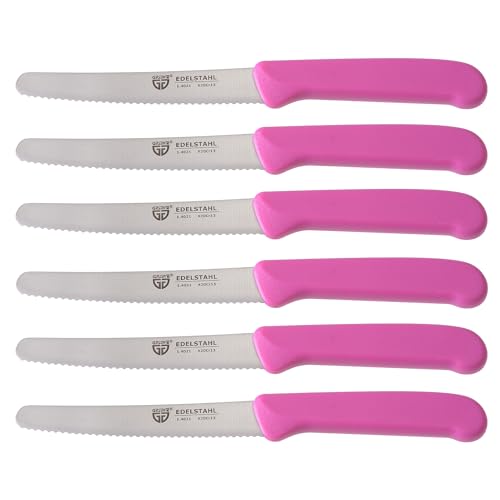 GRÄWE Tafelmesser 6 Stück, Messerset zum Schneiden, 6er Pack Brötchenmesser, Frühstücksmesser mit einseitigem Wellenschliff, Brotmesser, scharfe Messer für Brotzeit, 21 cm - Pink von GRÄWE