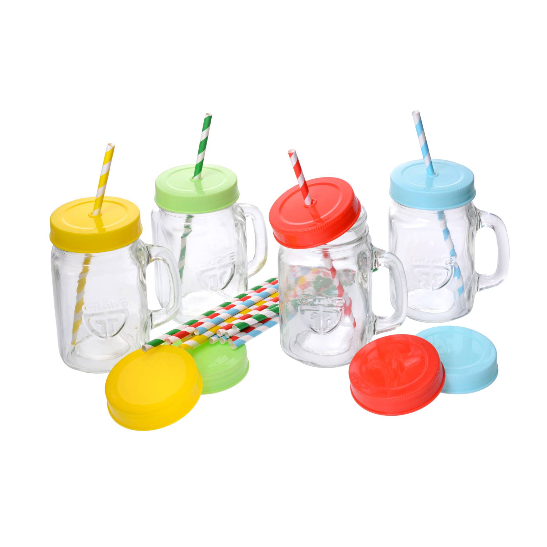 Henkel-Trinkglas mit Deckel und Strohhalm 4 Stück inkl. 6 Kunststoffbechern von GRÄWE