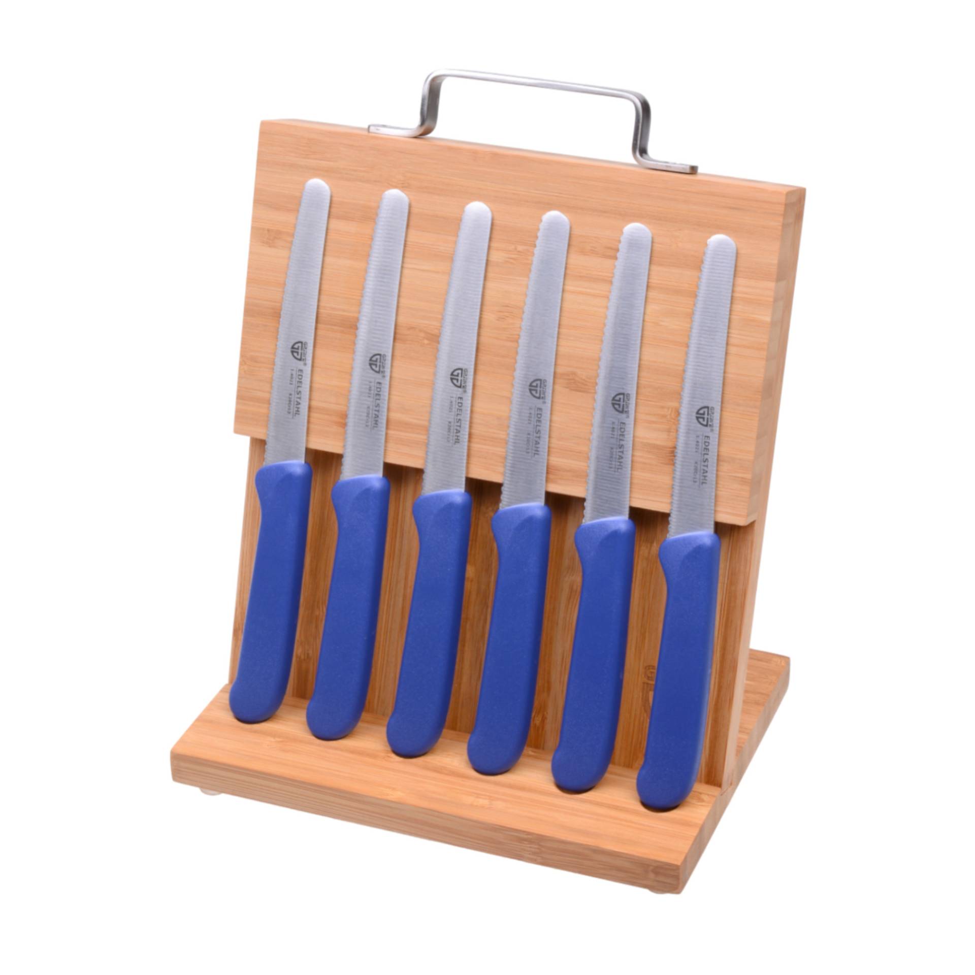 Magnet-Messerhalter Bambus klein mit Brötchenmessern blau von GRÄWE