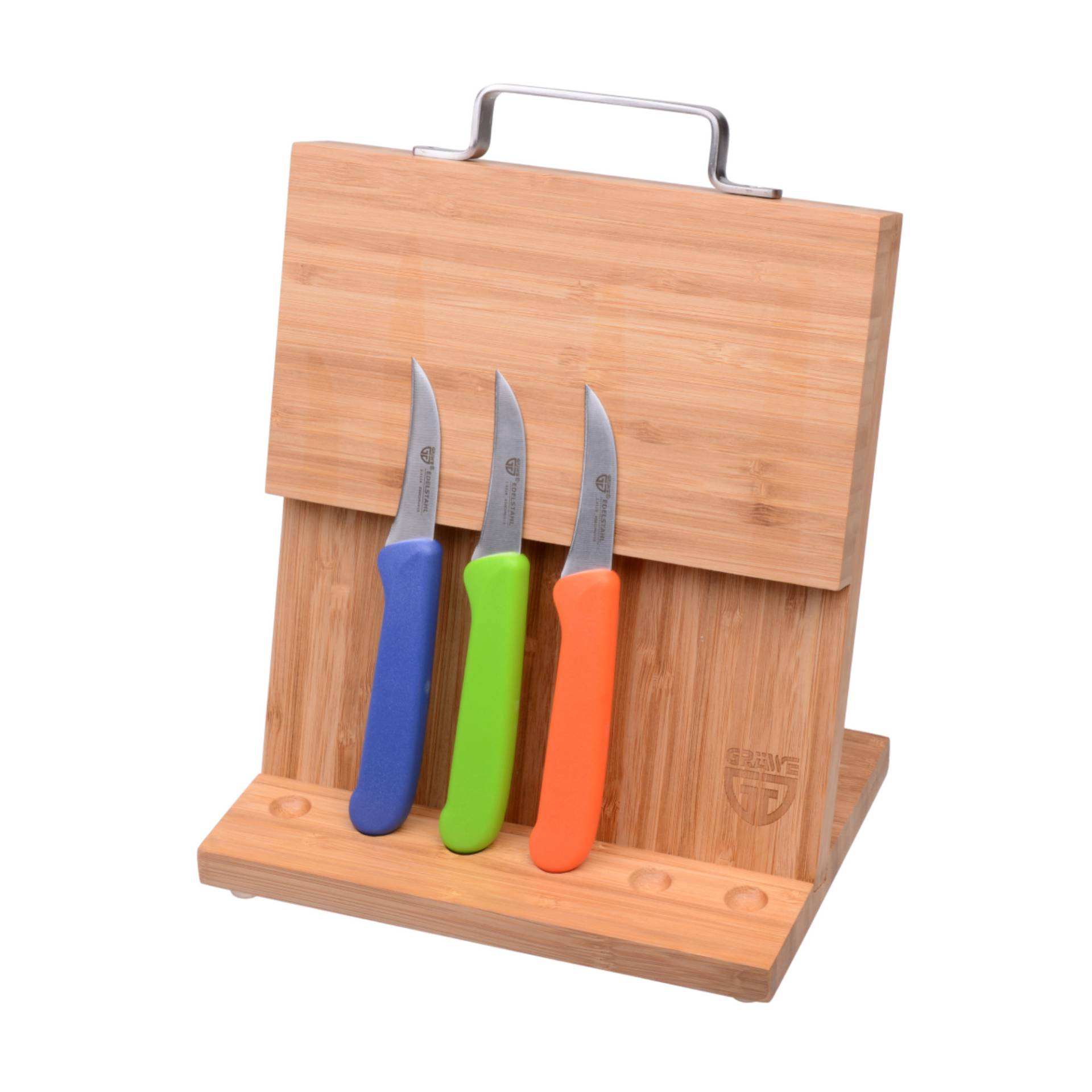 Magnet-Messerhalter Bambus klein mit Küchenmessern bunt1 von GRÄWE